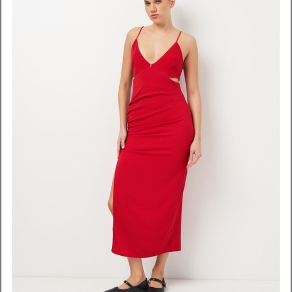 Zara Womens Maxi Dress XL Red Ruched Cutout sides bodycon Stretch 2298/173 NWT